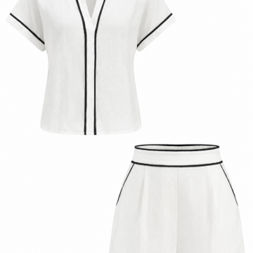 White Short-Sleeve Top with Black Piping and High-Waisted Shorts Two-Piece Set