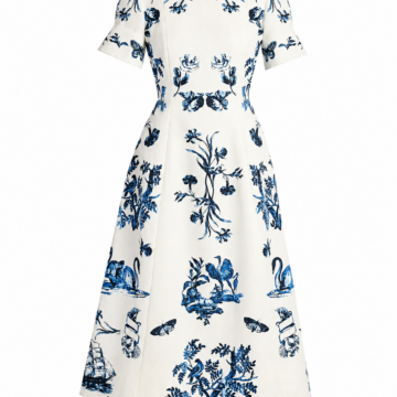 White and Blue Botanical Print Fit-and-Flare Dress with High Round Neckline