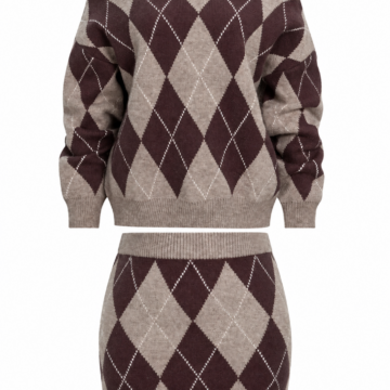 Taupe Argyle Off-Shoulder Sweater and Mini Skirt Two-Piece Set