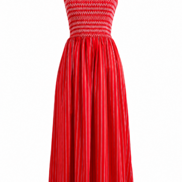 Red and White Striped Smocked Maxi Dress with Square Neck