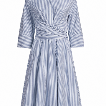 Blue and White Striped Shirt Dress with Tie Waist and Pleated Midi Skirt