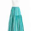 White and Teal Striped Sleeveless Maxi Dress with Tiered Skirt
