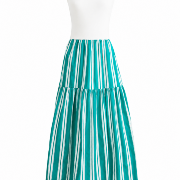 White and Teal Striped Sleeveless Maxi Dress with Tiered Skirt