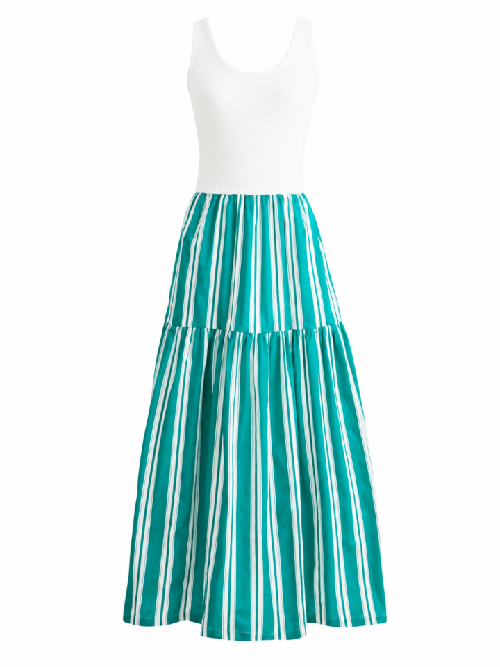 White and Teal Striped Sleeveless Maxi Dress with Tiered Skirt