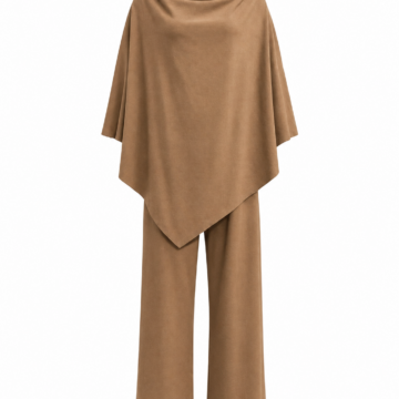 Camel Brown Relaxed Cowl-Neck Top and Wide-Leg Pants Two-Piece Set