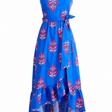 Blue Floral Print Sleeveless Maxi Dress with Square Neckline and Ruffle Hem