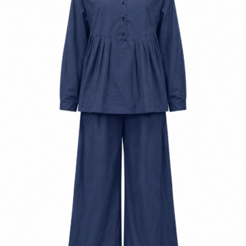 Navy Blue Band-Collar Button Top with Wide-Leg Trousers Two-Piece Set