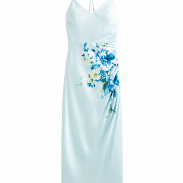 Light Blue Watercolor Floral Sleeveless Midi Slip Dress with V-Neck