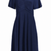 Navy Blue Fit-and-Flare Midi Dress with Ruched Front and Short Flutter Sleeves