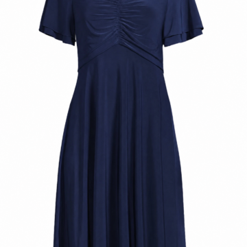 Navy Blue Fit-and-Flare Midi Dress with Ruched Front and Short Flutter Sleeves
