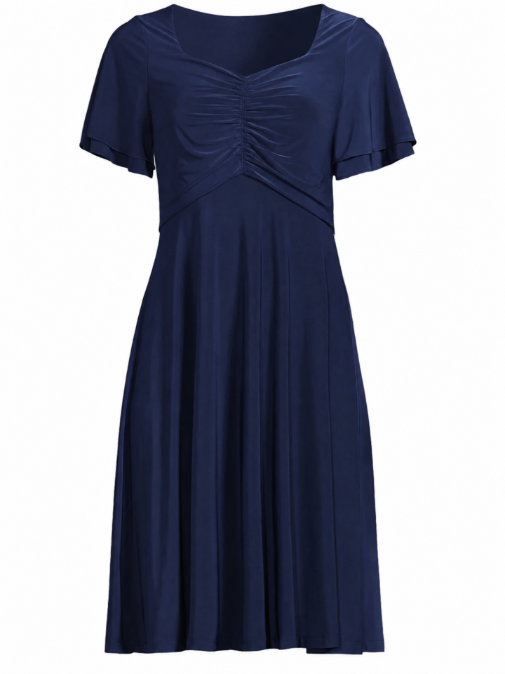 Navy Blue Fit-and-Flare Midi Dress with Ruched Front and Short Flutter Sleeves