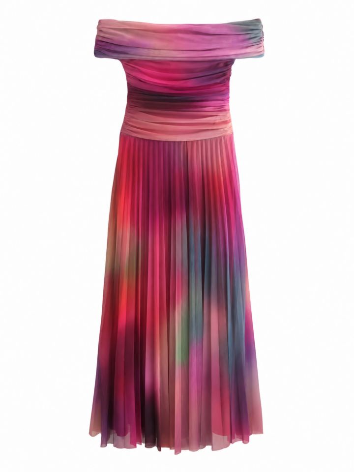 Multicolor Ombre Off-Shoulder Ruching Maxi Dress
