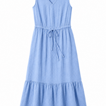 Light Blue Crinkled Texture V-Neck Midi Dress