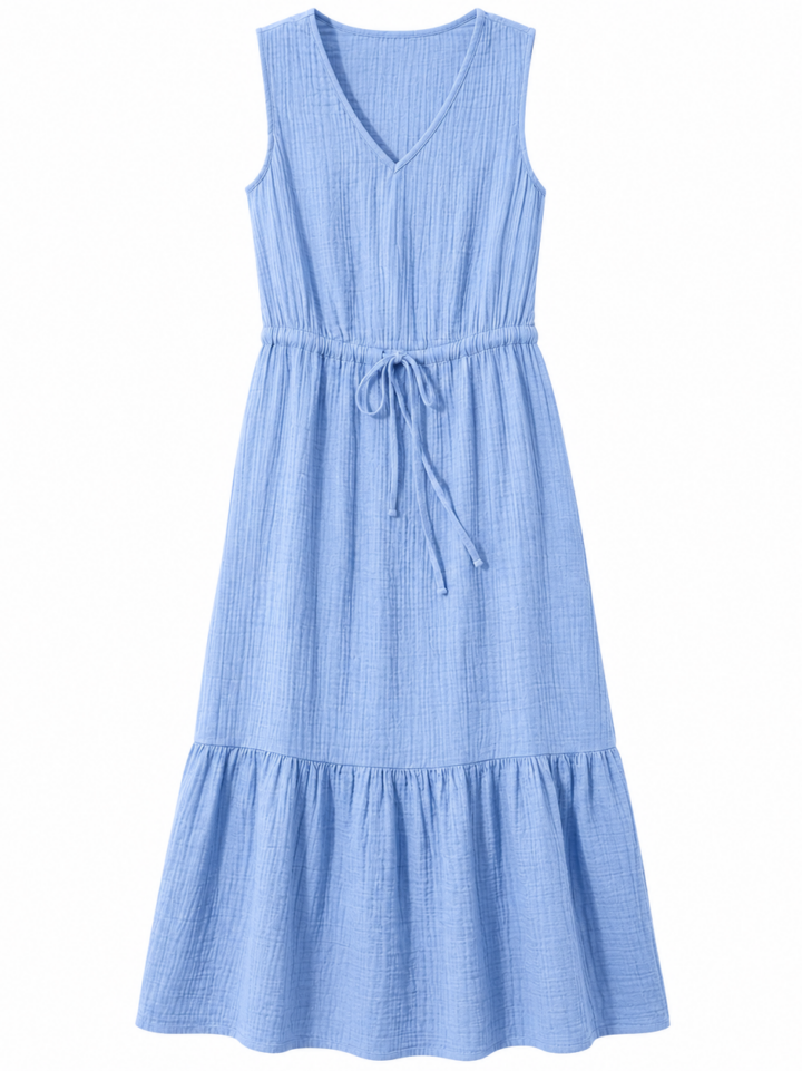 Light Blue Crinkled Texture V-Neck Midi Dress