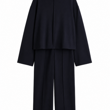 Black Boxy Funnel Neck Top and Straight-Leg Pants Set