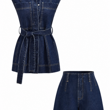 Dark Indigo Denim Sleeveless Top with Cinch Belt and Shorts Set