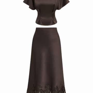 Brown Flutter Sleeve Crop Top and Lace-Trim Midi Skirt Two-Piece Set
