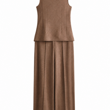 Solid Brown Sleeveless Mock-Neck Top and Wide-Leg Trousers Set