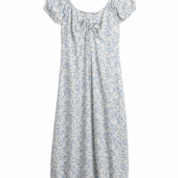 Blue and White Ditsy Floral Midi Dress with Square Neck and Front Tie