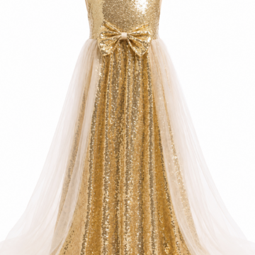 Gold Sequin Bow Detail A-Line Floor-Length Dress