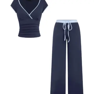 Navy Wide-Leg Pants and Ruched Top Two-Piece Set with Contrast Piping