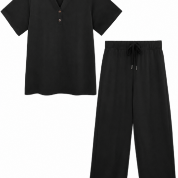 Black Short-Sleeve Split V-Neck Top and Wide-Leg Pants Two-Piece Set