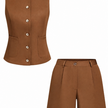 Solid Brown Sleeveless Vest with Patch Pockets and High-Waisted Shorts Set