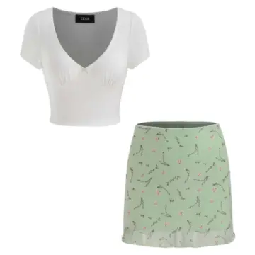 White Crop Top and Sage Green Floral Skirt Set