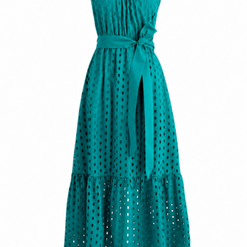 Teal Sleeveless Eyelet Maxi Dress with Tie Belt