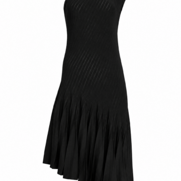 Black Asymmetrical One-Shoulder Pleated Dress with Ribbed Knit