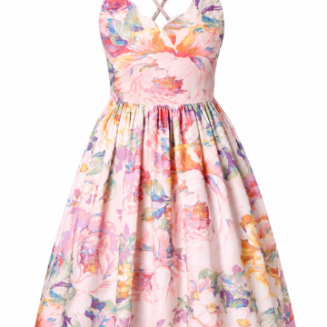 Pale Pink Floral Print A-Line Mini Dress with Cross-Back Straps