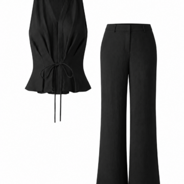 Black Sleeveless Collared Top and Wide-Leg Pants Two-Piece Set