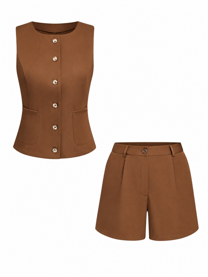 Brown Sleeveless Vest and High-Waisted Shorts Two-Piece Set