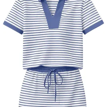 Blue and White Striped Polo Shirt and Skirt Set
