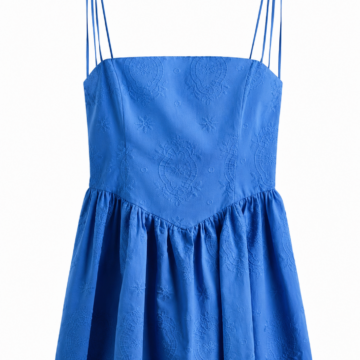 Blue Fit-and-Flare Mini Dress with Spaghetti Straps and Floral Embroidery