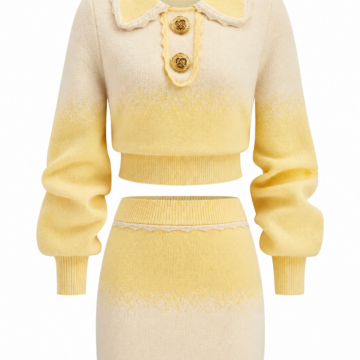Yellow-Cream Ombre Knit Crop Top and Mini Skirt Two-Piece Set