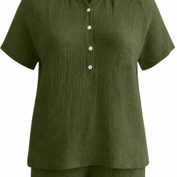Dark Olive Green Relaxed Two-Piece Set with Collared Top and Cuffed Shorts