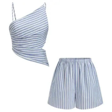 Blue and White Striped Crop Top and Shorts Set
