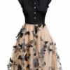 Black and Beige A-Line Dress with Pussy-Bow Tie and Butterfly Embroidery
