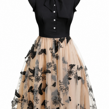 Black and Beige A-Line Dress with Pussy-Bow Tie and Butterfly Embroidery