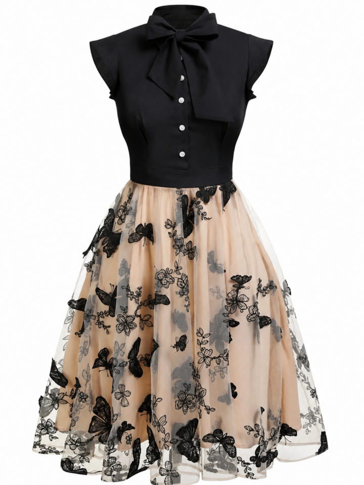 Black and Beige A-Line Dress with Pussy-Bow Tie and Butterfly Embroidery