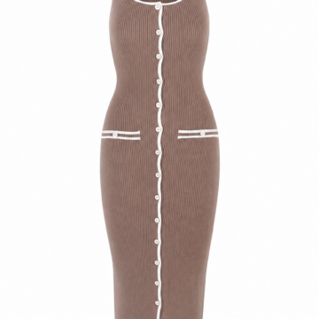 Brown Ribbed Knit Midi Dress with Front Slit and White Trim
