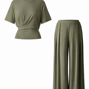 Sage Green Crew Neck T-Shirt and Wide-Leg Pant Two-Piece Set