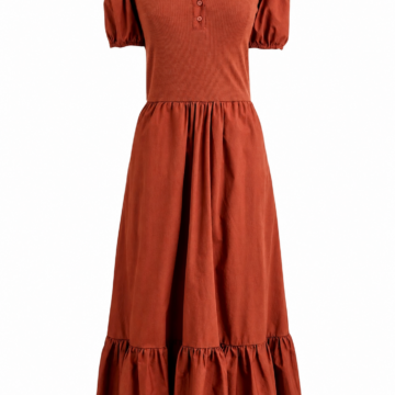 Rust Ribbed Knit Midi Dress with V-Neck and Puffed Sleeves