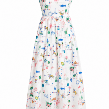 White Travel Print Midi Dress with Straps and A-Line Skirt
