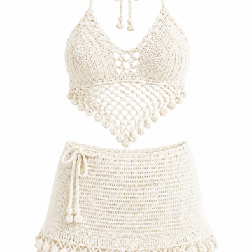 Off-White Crochet Halter Bralette and Mini Skirt Two-Piece Set