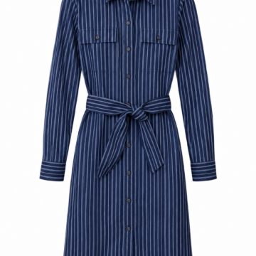 Navy Blue White Pin Stripe Shirt Dress with Tie Belt