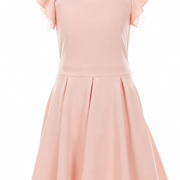 Light Pink Fit-and-Flare Dress with Pearl Beaded Flutter Sleeves