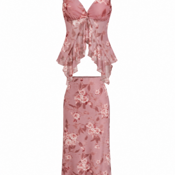 Dusty Rose Floral Print Sheer Camisole and Midi Skirt Set