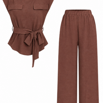 Brown Ribbed Two-Piece Set with Cap Sleeve Top and Wide-Leg Pants